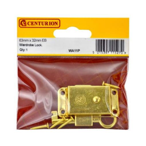 Picture of Centurion Electro Brass Wardrobe Cupboard Lock 63x32mm With Key & Fixings
